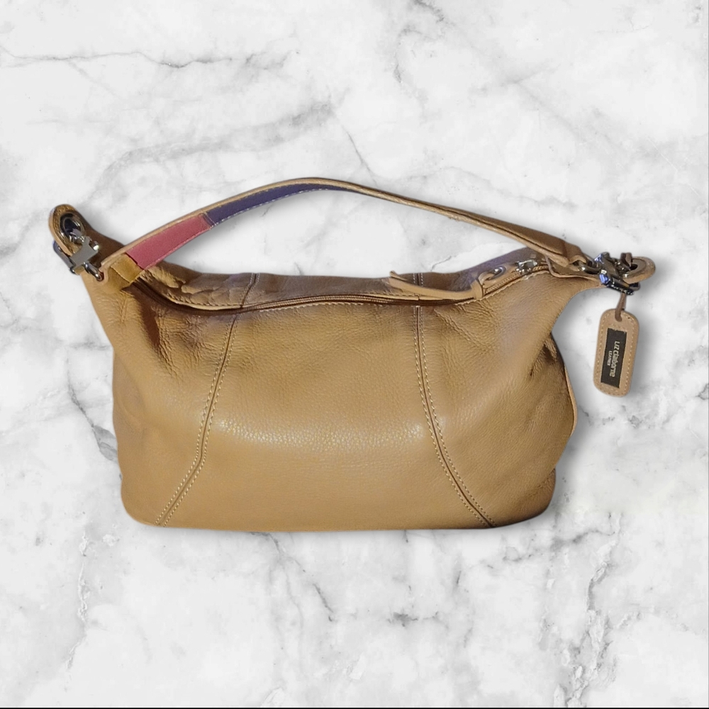 Liz Claiborne Natural Tan Leather Shoulder Bag Reversable Purple Pink Stripe